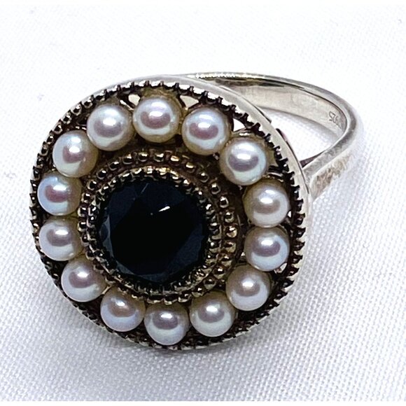 Tiffany & Co 925 Ziegfeld Pearl & Onyx Cocktail Circle Ring sz 8 - Picture 3 of 9